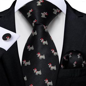 Bow Ties Black Christmas For Men Cute Dog With Red Hat Embroidery Silk Necktie Party Accessories Cufflinks Handkerchief Gift