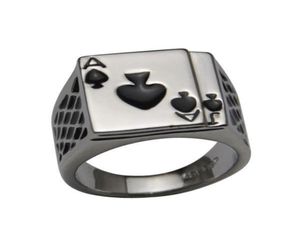 2014 Cool Men039S smycken Chunky 18K White Gold Plated Black Emamel Spades Poker Ring Men7065313