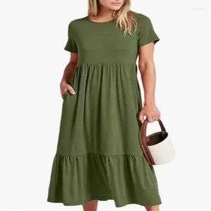 Party Dresses Europe And The United 2024 Womens States Large Size Women Temperament Round Neck Pleated Solid Color Swing