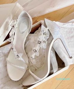Luxury Floriane Crystal Ivory Sandal Shoes Women Flower Strappy Stiletto Heels Wedding Party Dress Lady Elegant Walking