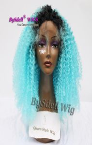 2018 trendy color lake blue hair wig with black roots synthetic afro kinky curly hair front lace wigs for black women8765968