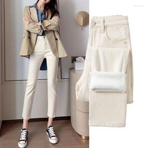 Women's Jeans Fleece Lining Thickened Beige Women Winter Warm Straight Harem Pants High Waist Slimmer Look Carrot Ankle-Length