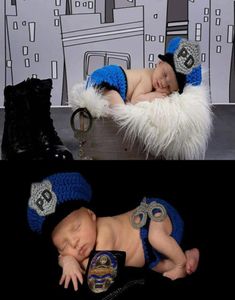 Newborn Pography Prop Police Costume Crochet Wool Hat Set Baby PO Knitted Caps Outfits Po Props2084892