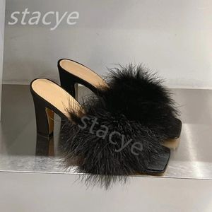 Slippers Luxury Design Genuine Leather Mao Women High Heels Square Heel Feather Open Toe Sandals Thick Slide Slid