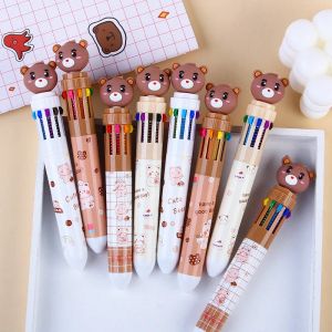 Pennor 10st/Lot Cute Bear 10 färger Ballpoint Pen Cartoon Multicolor Infällbara Pens School Office Ball Point Pen Writing Stationery