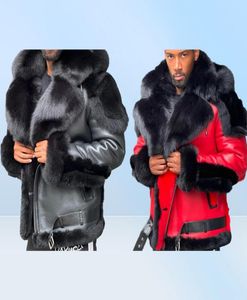 Men039s Fur Faux Leather Winter Jacket Thicken Velvet Collar Hooded Zipper Color Block Patchwork Fashion Red Men9392254