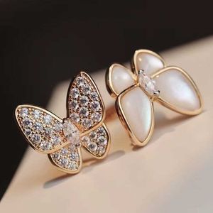 Designer Brand Van High Edition S925 Pure Silver Full Diamond White Shell Double Farterfly Ring Female Rose Gold Light Luxury Earring Set