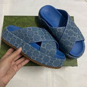 MENS Womens Platform Slide Sandal 771560 House Sandals Designer denim Sandaler ljusblå och elfenben Denim Sandal Platform Sole med gummibotten Luxury Slide 35 45