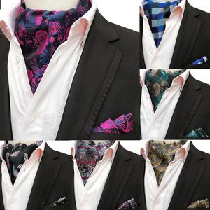 Bow Ties Ricnais Men Vintage Paisley Silkpattern Ascot och Pocket Square Gentleman Suit Wedding Formal Cravat Handkuft Set