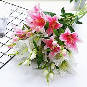 装飾的な花長い茎のフェイクユリはリアル6ヘッド人工花花束枝偽の植物花柄の結婚式の家の花輪