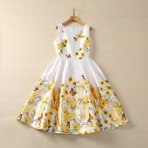 Spring White Floral Print Beaded Rhinestone Dress Sleeveless Round Neck Knee-Length Casual Dresses S3D121207