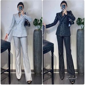 Kadınlar İki Parçalı Pantolon Tesco Köpüklü Elmas Takım Setleri Gri Siyah Çift Kruvaze Zarif Fransız Ceket Pantolonları İnce Mizaç Kıyafetleri