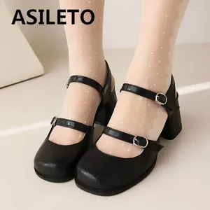 Dress Shoes ASILETO Brand Female Pumps Square Toe Block Heel 6cm Double Buckle Strap Big Size 40 41 42 43 Elegant Dating Women Solid