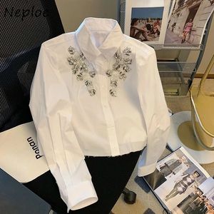 NEPLOE 2024 Spring femme tops brancos de trabalho pesado francês Blusses casuais suaves -Neck de manga longa camisetas soltas 240329