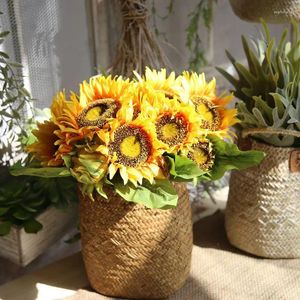 Dekorative Blumen künstliche Sonnenblumenblume Blumenstrauß 7 Köpfe Seide Fälschung für Party Office Decor Hausgartendekoration Pflanzen