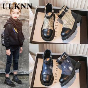 Boots Girl Students Blue Children Fund 2024 Autumn Fashion Short Chimney Single for Kids Beige Times 26-36