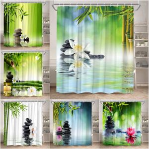 Tende per doccia zen paesaggio paesaggio verde fiume di bambù lotus in pietra viola orchidea foglia in poliestere in tessuto da bagno decorazioni da bagno
