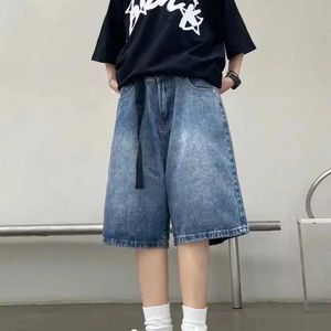 Intage Cityboy American Street Vintage Blue Wash Denim Shorts Mens Summer Loose Belt Design Wide Leg Quarter Pants 240409