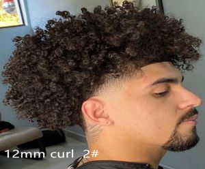 Unidade masculina Pu Toupee completo Afro Curl 12mm Wig Indian Remy Human Human Hair Substitui para MEN5936872