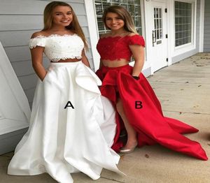 Fashion White Red High Slit Prom Evening Dresses Long Off the shoulder Lace Applique Sequins Beaded Ruched satin 2 Pieces Formal G2618978