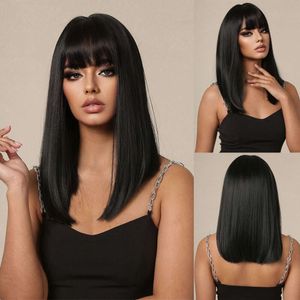 Straight Black Bob Synthetic with Bangs Medium Long Cosplay Layered Wigs for Woman Natural Hair Daily Wig Heat Resistant