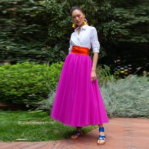 Skirts High Street Fuchsia Tulle di lunghezza della caviglia lussureggiante con larga gonna da sposa a una fila da sposa