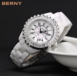 Berny White Ceramic Women Watches Wateproof Luxury Luxury Japartz Relogio Femininoギフト