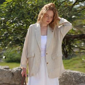 Women's Suits Vintage Linen Blazer Woman Casual Long Sleeve V-neck Single Breasted Elegant Jacket Sping Summer Thin Coats Outerwear Casacos