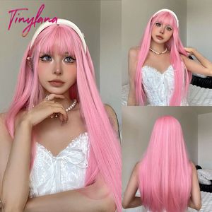 Ljusrosa långa raka syntetiska peruker med bangs cosplay halloween lolita färgglad peruk för kvinnor afro naturligt värmebeständig