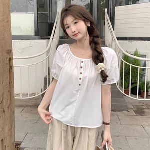 Kvinnors blusar skjortor för kvinna kortärmad t-shirt koreansk rund hals lös fast färg all-match