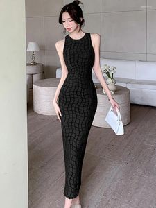 Vestidos casuais verão preto jacquard xadrez chique mangas vestido longo mulheres elegantes bodycon hip wrap 2024 coreano vintage luxuros vestidos