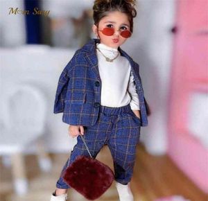 Moda kız bebek erkek resmi kıyafetler seti ekose ceket 2pcs bebek yürümeye başlayan çocuk takım elbise blazer ceket kalın 18y 2108046810179