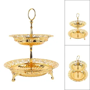 Plattor 2 Tier Fruit Plate Metal Round Gold Plated Beautiful Cupcake Servering For Home Wedding Decoration