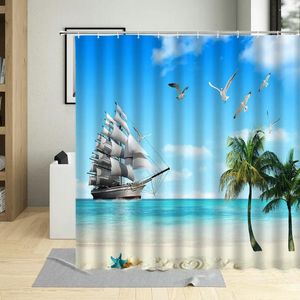 Shower Curtains Summer Sandy Beach Curtain Sea Scenery Blue Sky Palm Tree Ocean Wall Cloth Bathroom Decor Bath With Hooks