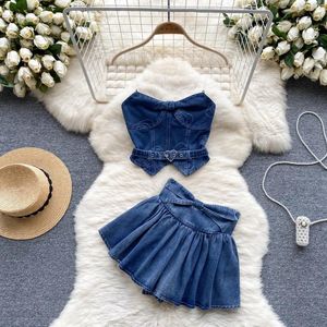 Work Dresses Amolapha Women American Spice Girl Denim Suit Female French Pure Desire To Wipe Chest Short Style Vest Top High Waist Skirts