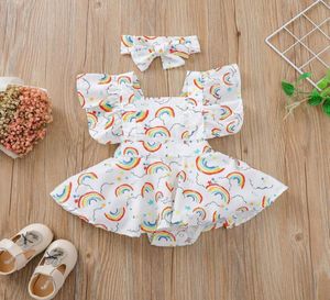 Retailwhole baby girl rainbow Printed romper with bow headband 2pcs set kids Lotus leaf sleeve onepiece onesies Jumpsuit chi8589527