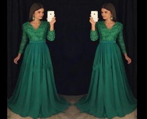 Vestidos de noite verde esmeralda elegantes chiffon bishes faixas formais longos vestidos de baile com mangas compridas vneck sweep de trem gown1070563