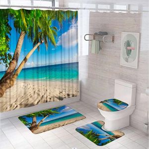 Duschgardiner Ocean Badrumsgardin Set Palm Tree Beach Summer Seaside Tropical Coastal Landscape Rug Bath Mat Mattan Toalettlock