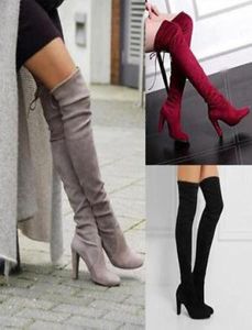 H 48 cm Winter Women Fashion Boots Saltos altos Overtheknee Faux Suede engross Slipon Long Boots Sapatos de vestido Grande Tamanho EU 3543 9263909