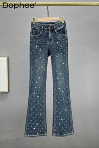 Women's Jeans Heavy Industry Denim Bootcut Pants For Women 2024 Autumn High Waist Slim Rhinestone Letters Mop Trousers Street