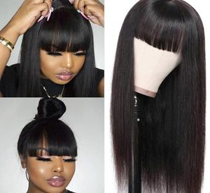 Brezilyalı bakire sentetik saç perukları düzgün patlamalar hiçbiri dantel ön peruk zahmetsiz makine yapımı peruk ısıya dayanıklı siyah kadınlar lon2579260