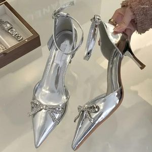 Vestido Sapatos 2024 Summer Rhinestone Bow High For Women Heels Sexy Slingbacks Pólo Dança Casamento Zaptos Mujer