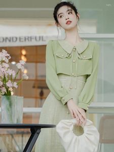 Casual Dresses Elegant Office Lady Formal Dress Outfits Vintage Modern Style Light Green Empire A-Line Woman Midi Faldas Vestido Festa