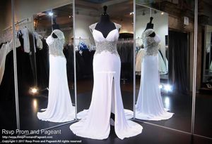 Modest White Prom Evening Dresses 2019 Major Beading V Neck Sexy Side Split Illusion Back Party Pageant Gown6663047