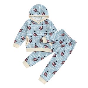 Kids Boys Fall Outfits Rugby Print Hooded Long Sleeve Hoodies and Elastic Waist Long Pants 2Pcs Clothes Set