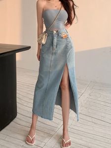 ディープタウンロングデニムスカートビンテージ女性ソリッドハイウエストAラインスリム韓国スタイルジャンスリットミディスカートサマーファッションガール240412