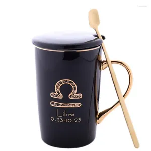 Tazze con scatola regalo 12 Constellazioni Coperchi di caffè e cucchiaio in oro nero in oro in oro zodiacale zodiacale tazza da bere tazza