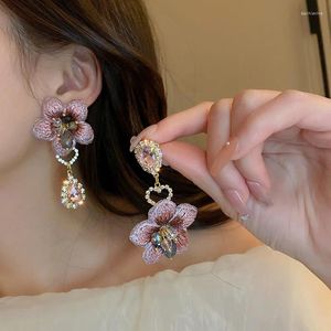 Dangle Earrings Minar Korea Pink Cloth Rhinestone Crystal Flowersymbmetry Tassel Long for Women Real Goldメッキ銅ジュエリー