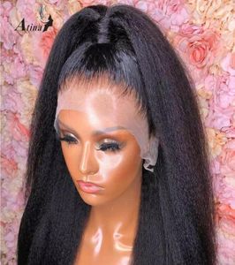 Teil vorgezogener italienischer italienischer Yaki synthetischer Spitze vordere Perücke Kinky Straight 13x4 Brazilian Invisible Spitzenperücke mit Babyhaar 60807775