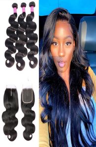 Brazylijska fala ciała Virgin Hair Wydłużenie Whatle 3 wiązki z koronkowymi końcami 4x4 Fave Fave Human Hair wiązki z zamknięciem3366905